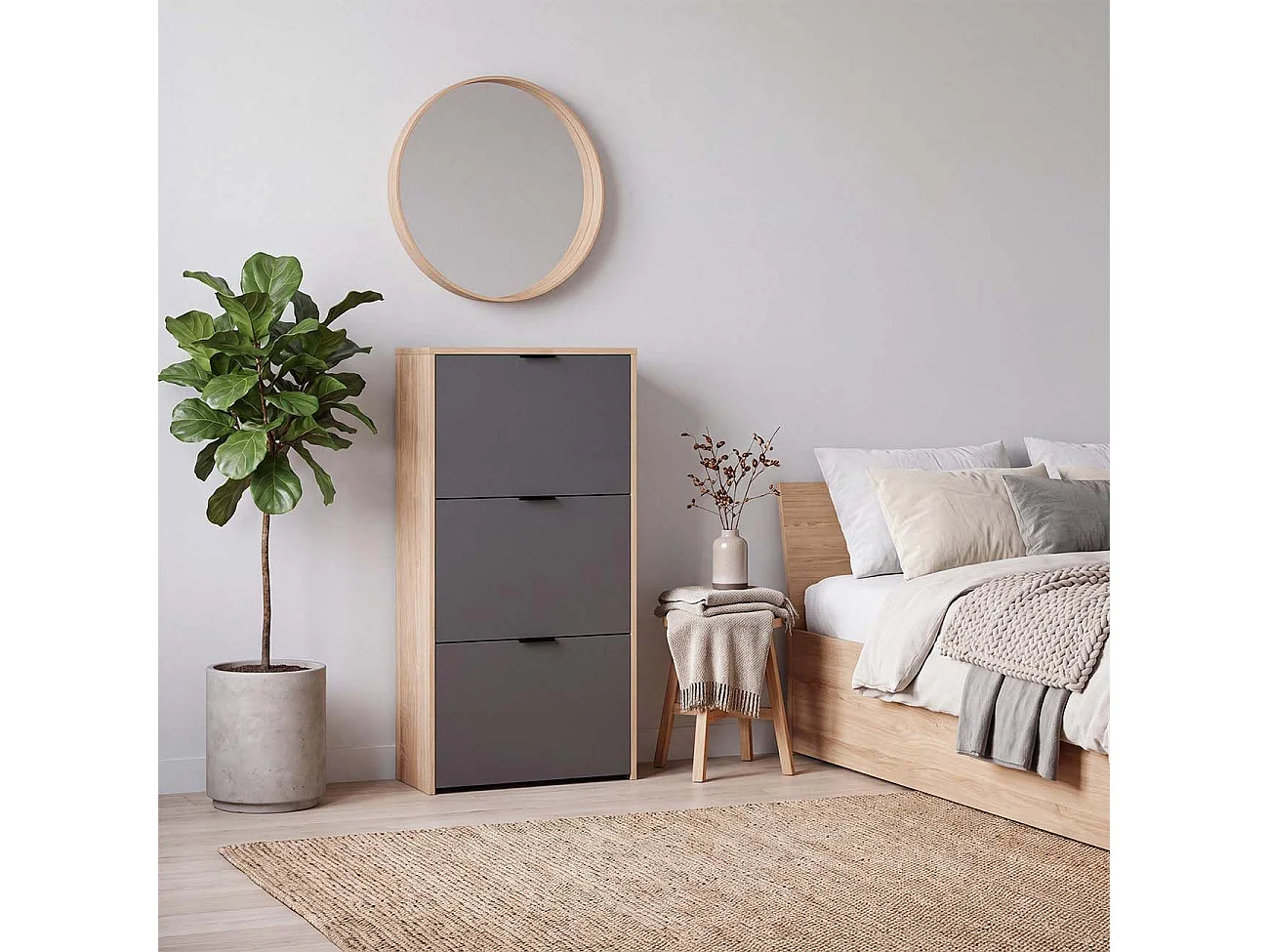 Zapatero de 3 puertas abatibles en roble canadian y gris grafito 60x113 cm Remi Roble Canadian - Gris Grafito
