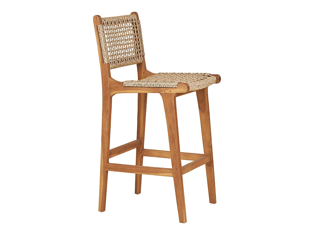 Tabouret de bar Derby en teck naturel avec tressage en rotin PE