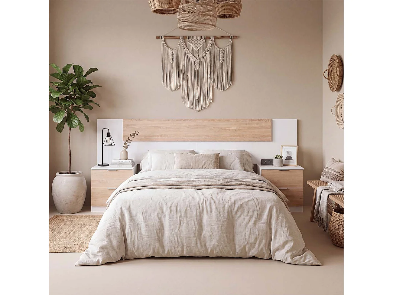 Cabeceira para cama de 135-150 cm e 2 mesas de cabeceira com gavetas Akari Blanco Artik (Blanco Mate) - Roble Canadian