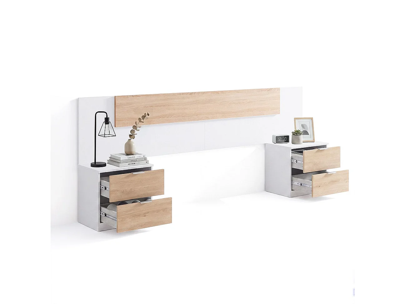 Cabeceira para cama de 135-150 cm e 2 mesas de cabeceira com gavetas Akari Blanco Artik (Blanco Mate) - Roble Canadian