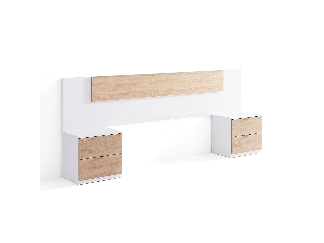 Cabeceira para cama de 135-150 cm e 2 mesas de cabeceira com gavetas Akari Blanco Artik (Blanco Mate) - Roble Canadian