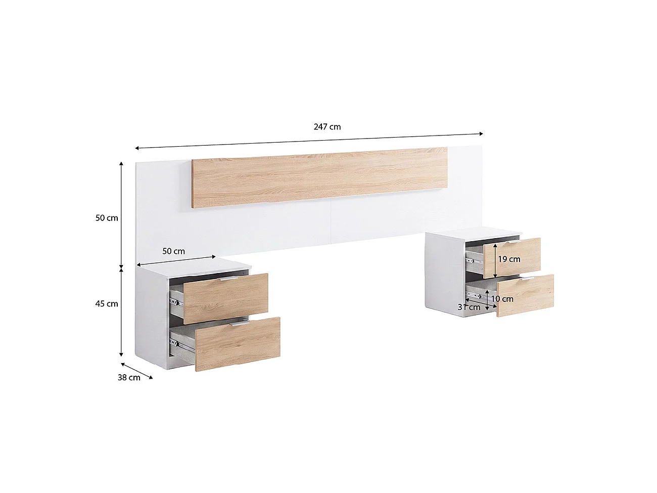 Cabeceira para cama de 135-150 cm e 2 mesas de cabeceira com gavetas Akari Blanco Artik (Blanco Mate) - Roble Canadian