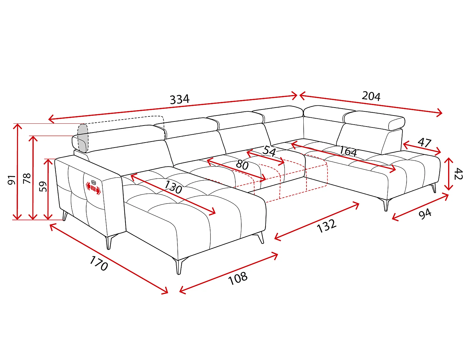 Panoramische hoekbank FELICITY in U-vorm, 6-zits, ribfluweel, elektrische relaxfunctie met uitschuifbare zitting, verstelbare hoofdsteunen en USB-aansluiting