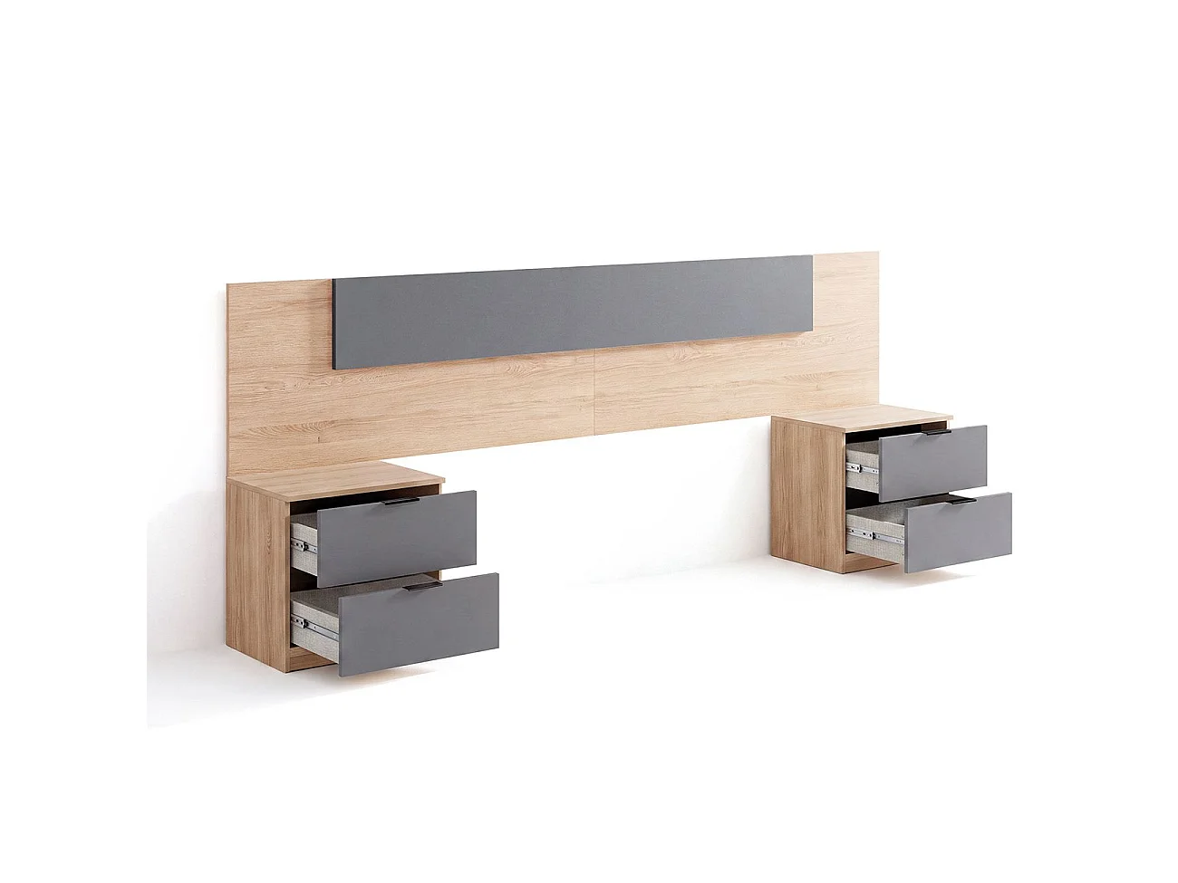 Cabeceira para cama de 135-150 cm e 2 mesas de cabeceira com gavetas Akari Roble Canadian - Gris Grafito