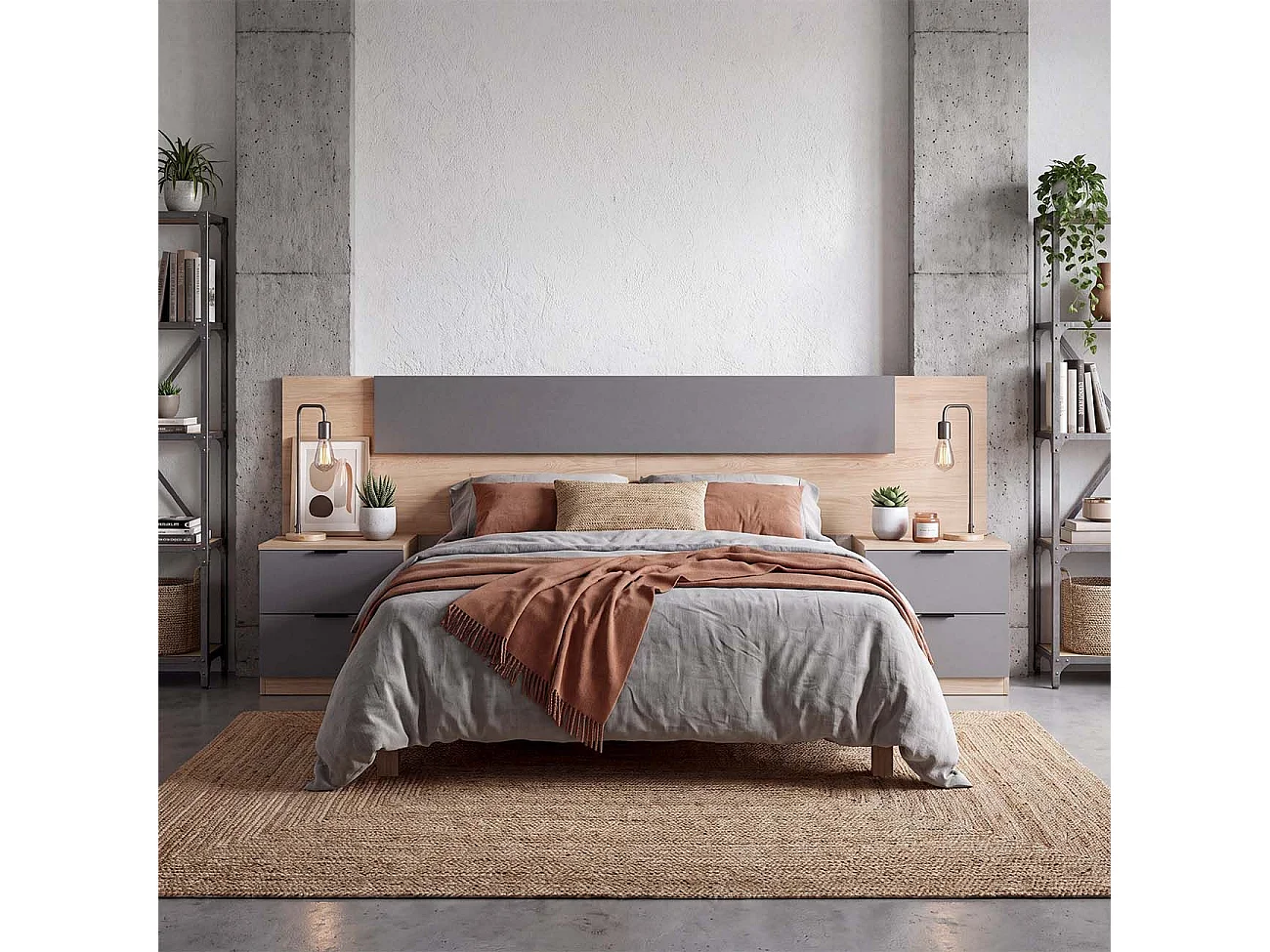 Cabeceira para cama de 135-150 cm e 2 mesas de cabeceira com gavetas Akari Roble Canadian - Gris Grafito