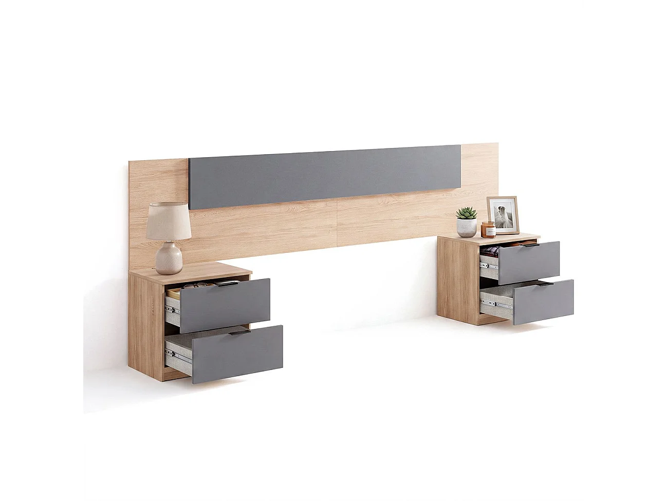 Cabeceira para cama de 135-150 cm e 2 mesas de cabeceira com gavetas Akari Roble Canadian - Gris Grafito