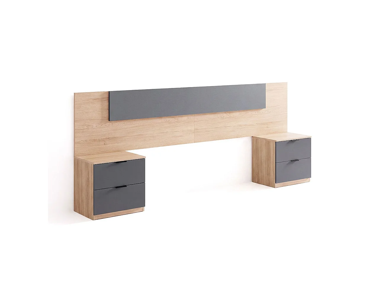Cabeceira para cama de 135-150 cm e 2 mesas de cabeceira com gavetas Akari Roble Canadian - Gris Grafito