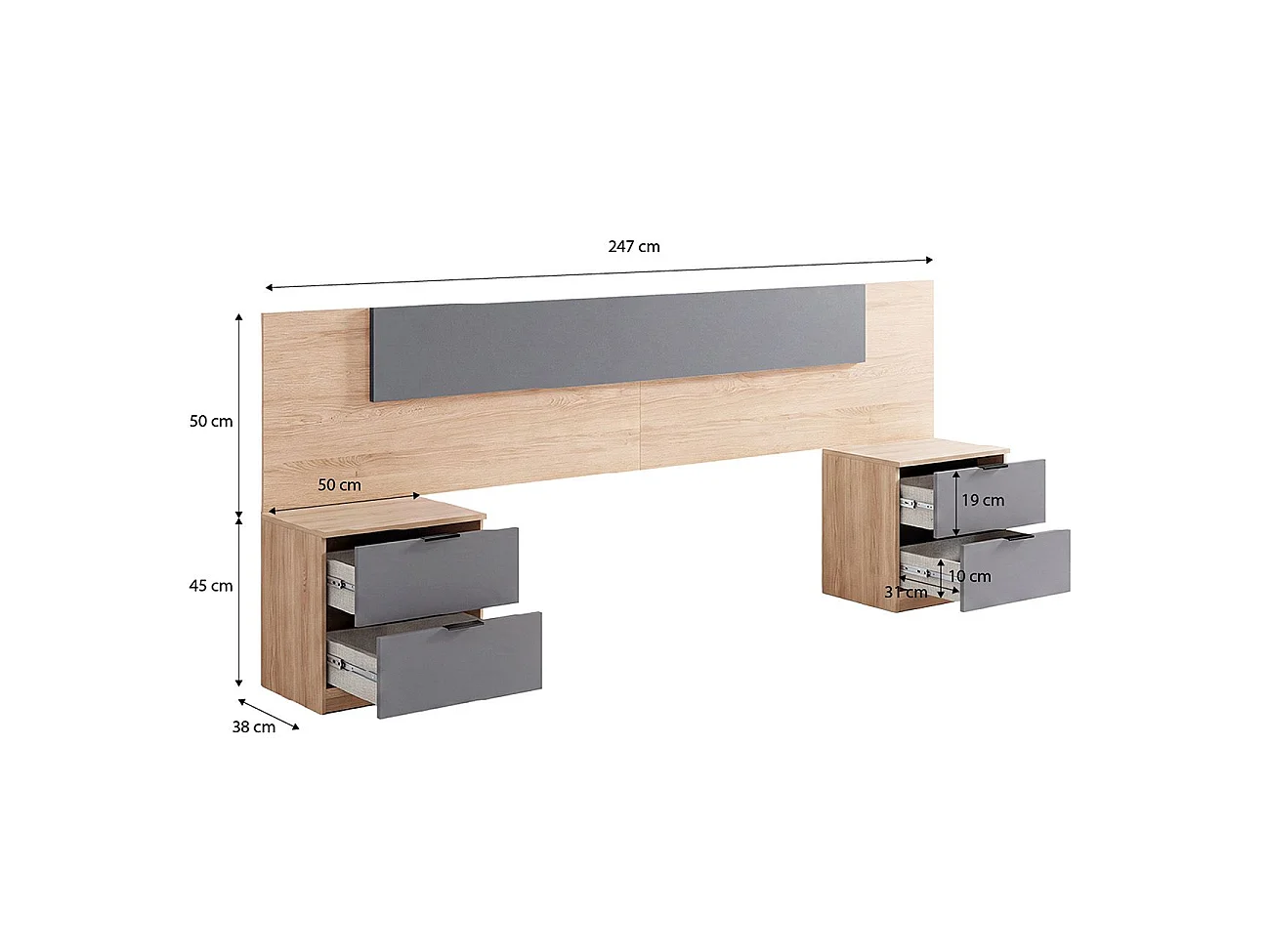 Cabeceira para cama de 135-150 cm e 2 mesas de cabeceira com gavetas Akari Roble Canadian - Gris Grafito