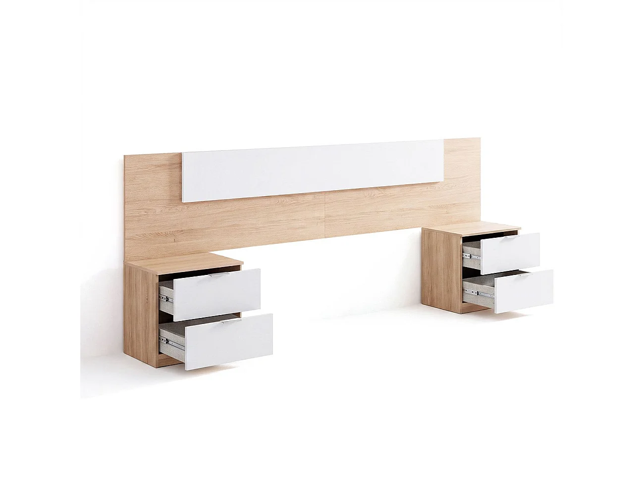 Cabecero para cama de 135-150 cm y 2 mesitas con cajones en roble canadian y blanco artik Akari Roble Canadian - Blanco Artik (Blanco Mate)