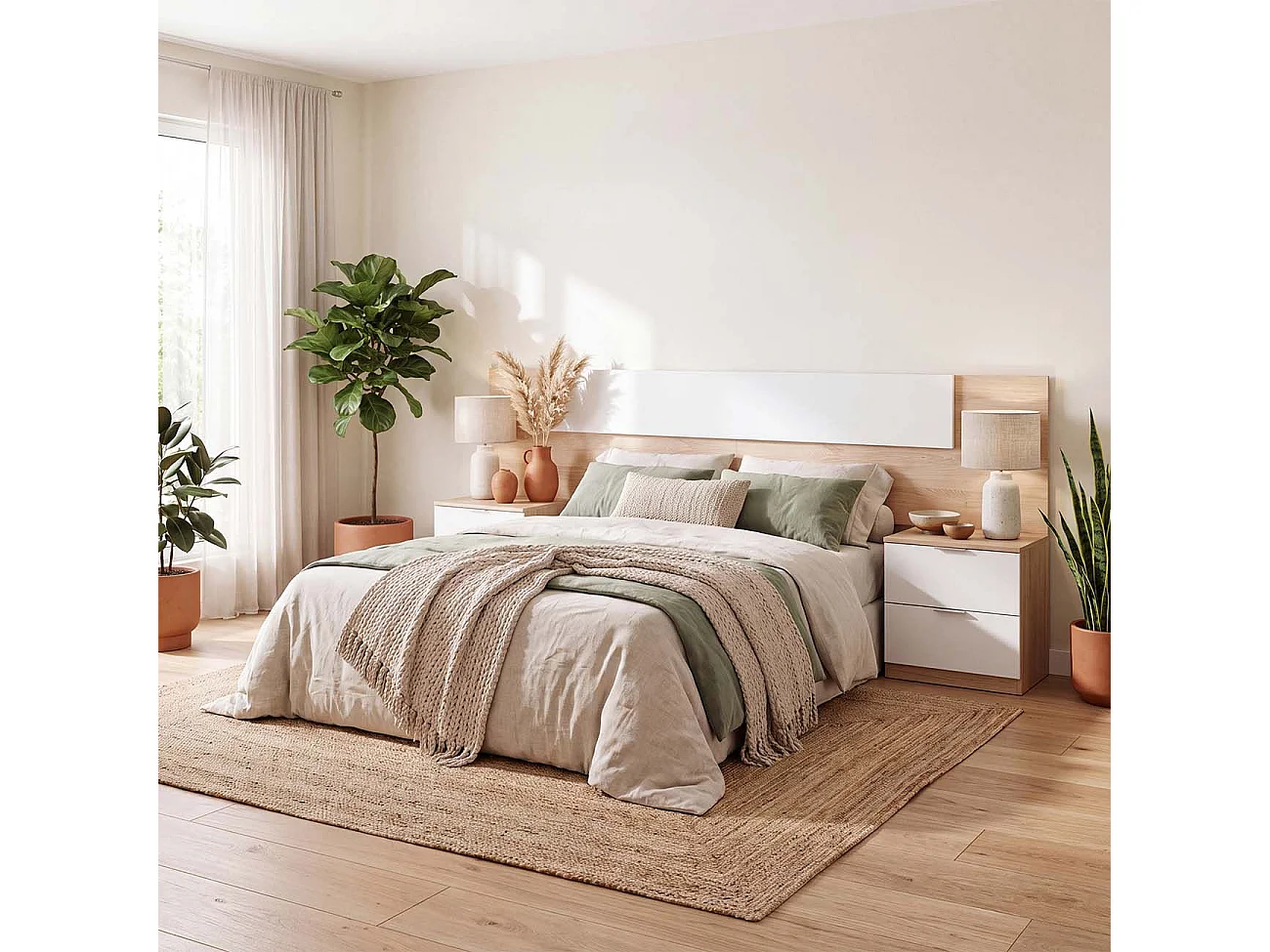 Cabecero para cama de 135-150 cm y 2 mesitas con cajones en roble canadian y blanco artik Akari Roble Canadian - Blanco Artik (Blanco Mate)