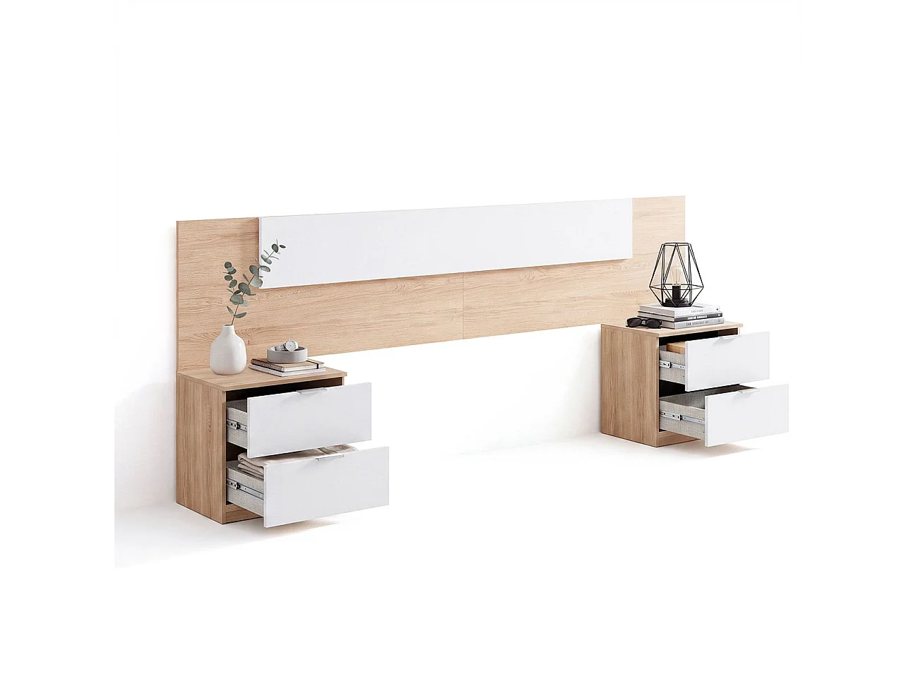 Cabecero para cama de 135-150 cm y 2 mesitas con cajones en roble canadian y blanco artik Akari Roble Canadian - Blanco Artik (Blanco Mate)