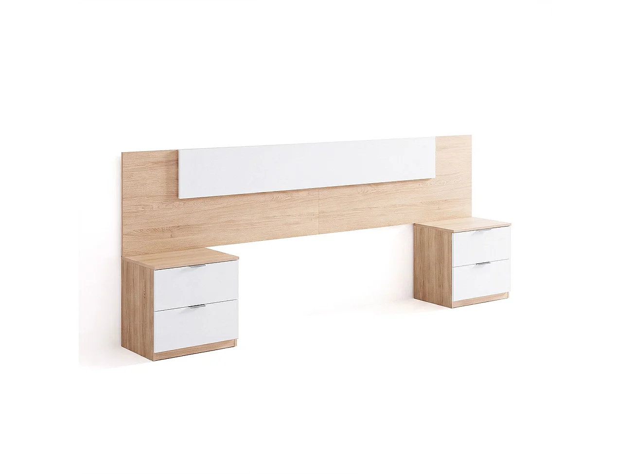 Cabecero para cama de 135-150 cm y 2 mesitas con cajones en roble canadian y blanco artik Akari Roble Canadian - Blanco Artik (Blanco Mate)