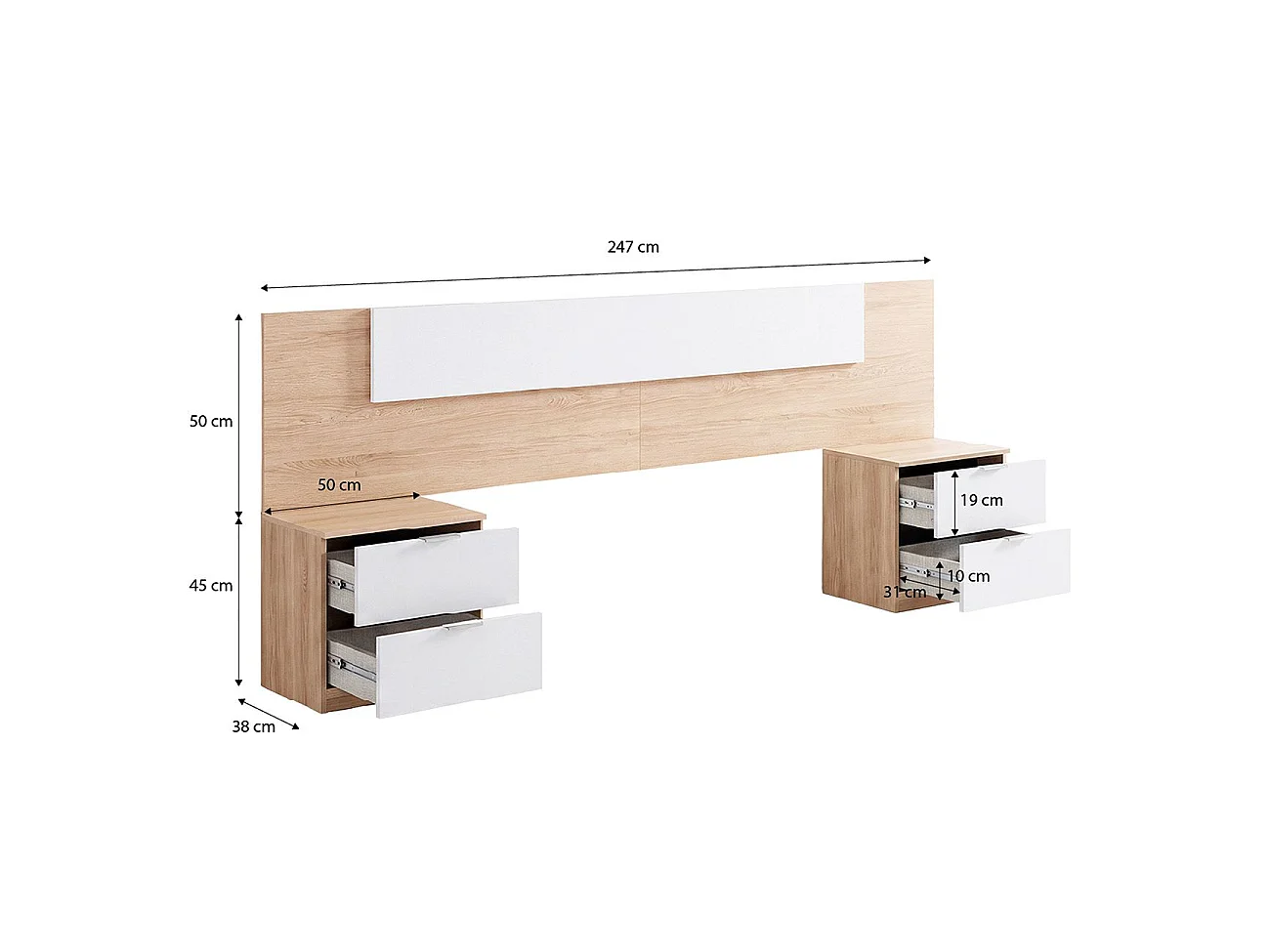 Cabecero para cama de 135-150 cm y 2 mesitas con cajones en roble canadian y blanco artik Akari Roble Canadian - Blanco Artik (Blanco Mate)
