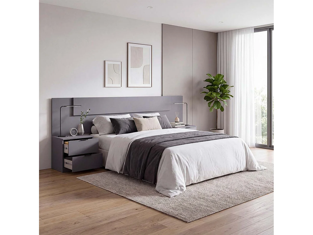Cabeceira para cama de 135-150 cm e 2 mesas de cabeceira com gavetas Akari Gris Grafito