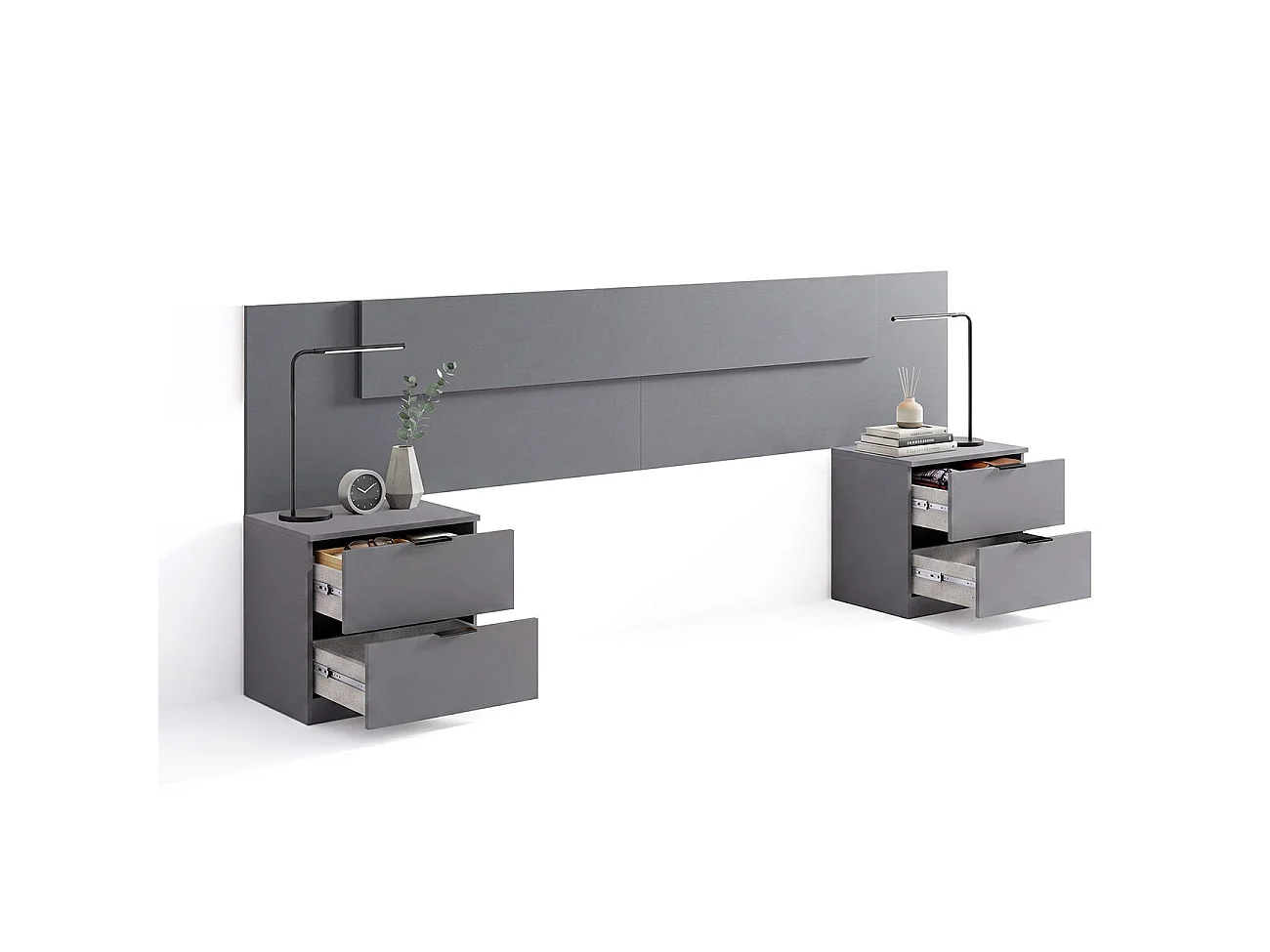 Cabeceira para cama de 135-150 cm e 2 mesas de cabeceira com gavetas Akari Gris Grafito