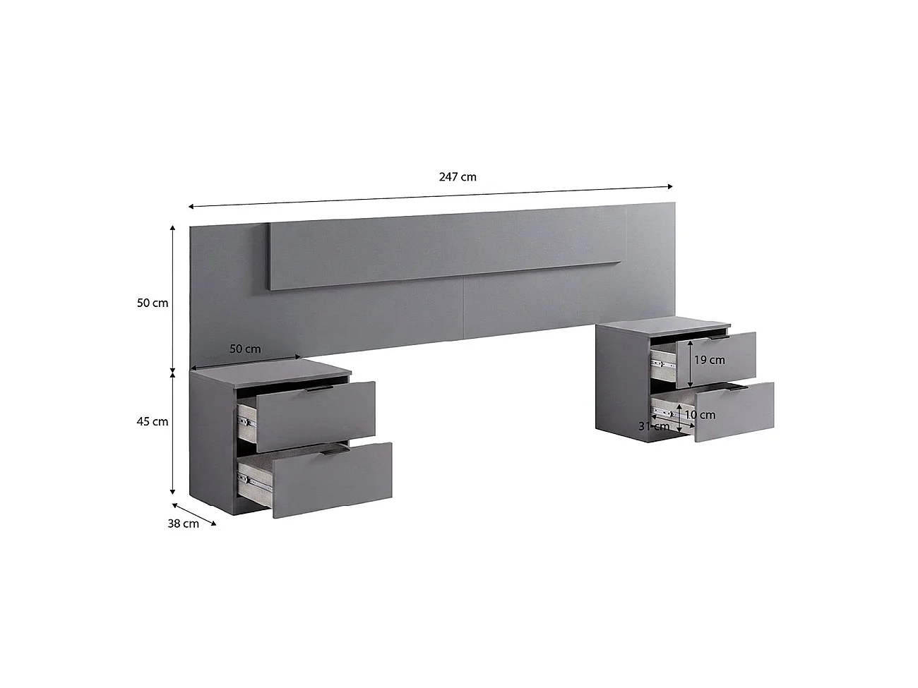 Cabeceira para cama de 135-150 cm e 2 mesas de cabeceira com gavetas Akari Gris Grafito