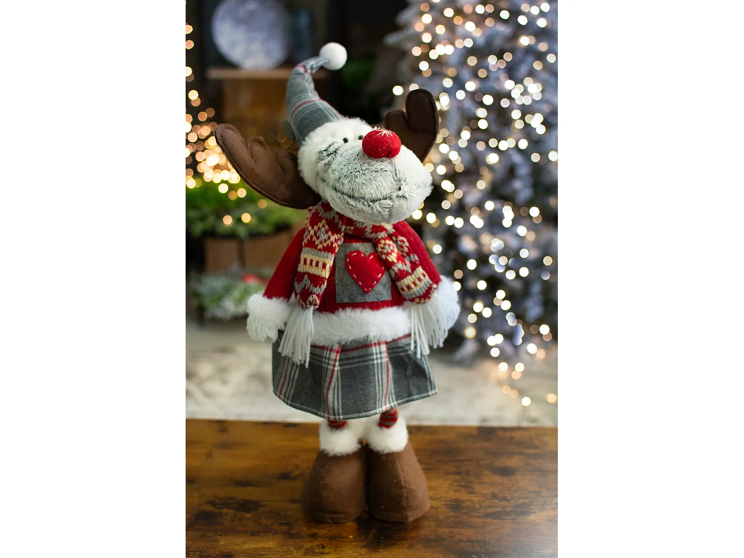 Kerst rendier kabouters decor set wol bruin 43-60x21 cm