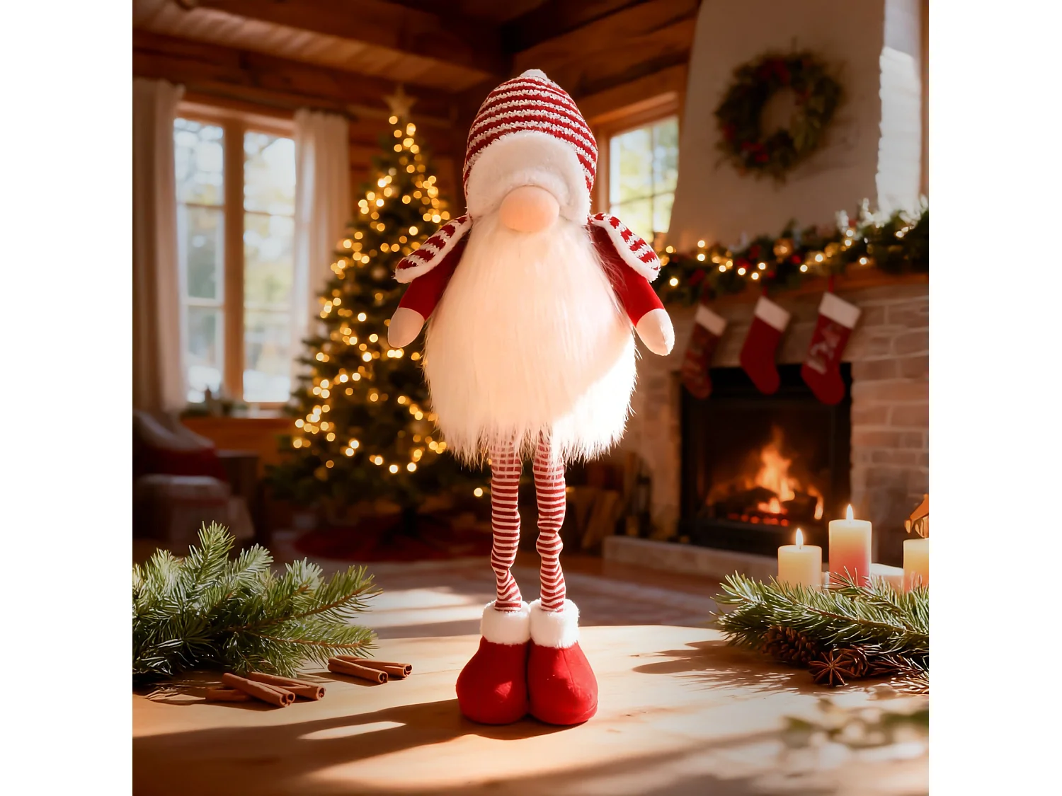 Lutin de Noël lumineux télescopique en tissu rouge 87 cm