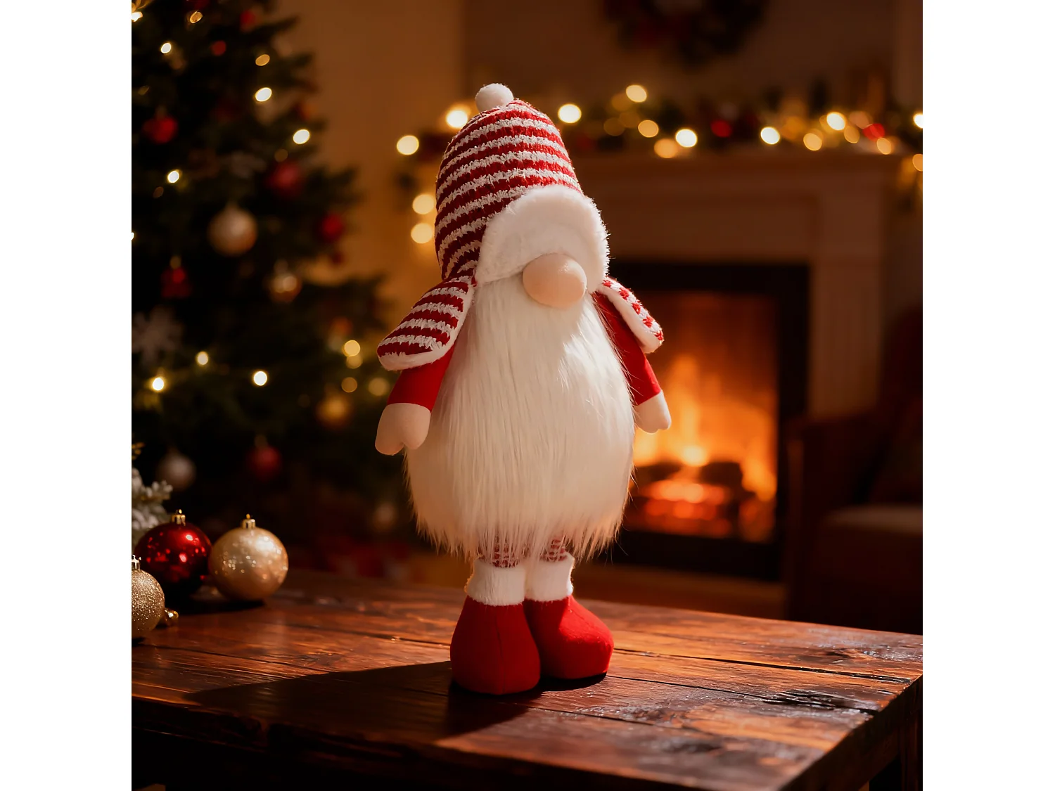 Lutin de Noël lumineux télescopique en tissu rouge 87 cm