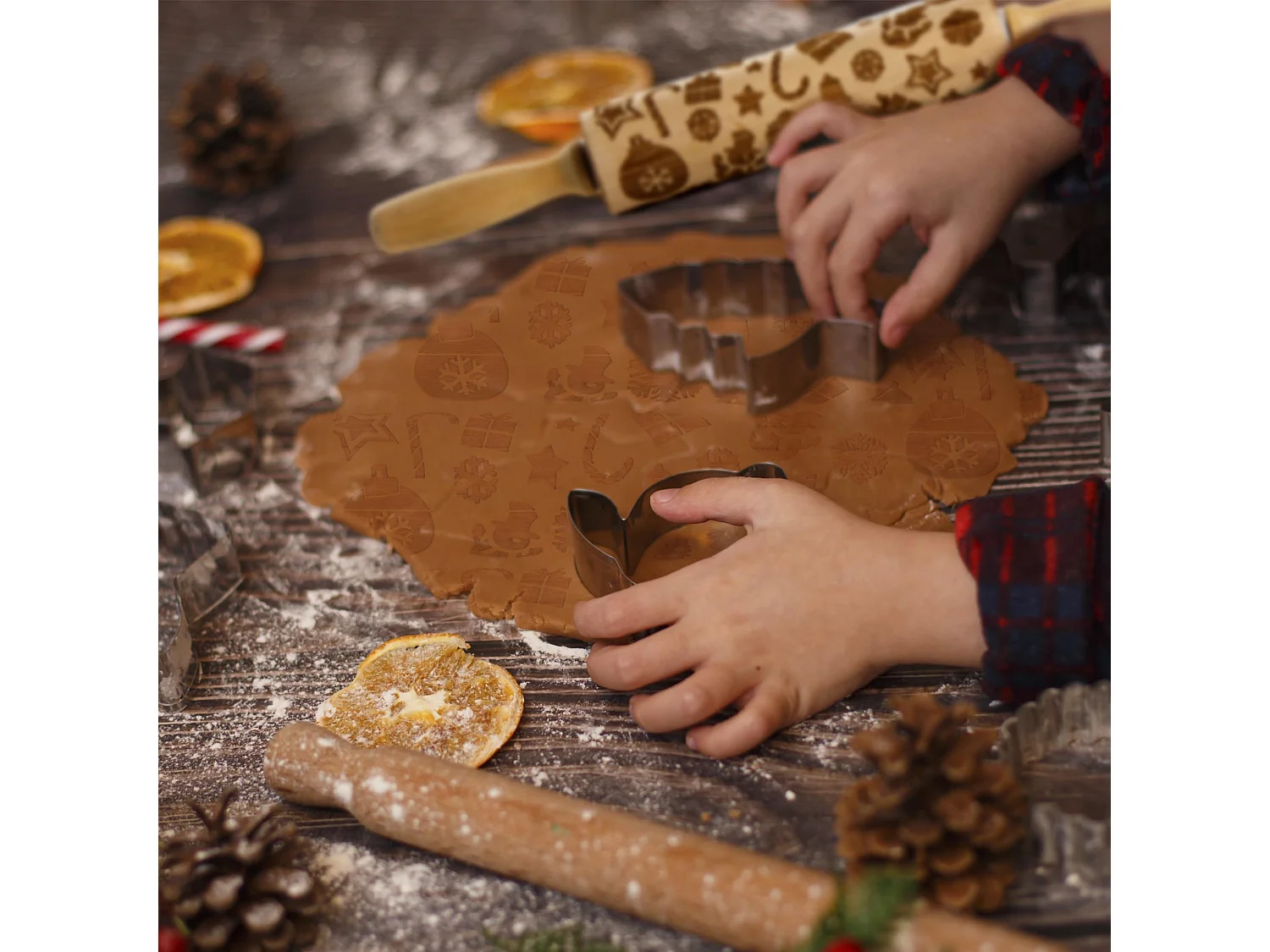 Decoratieve deegroller met kerstmotief, rubberhout, bruin, 36 cm