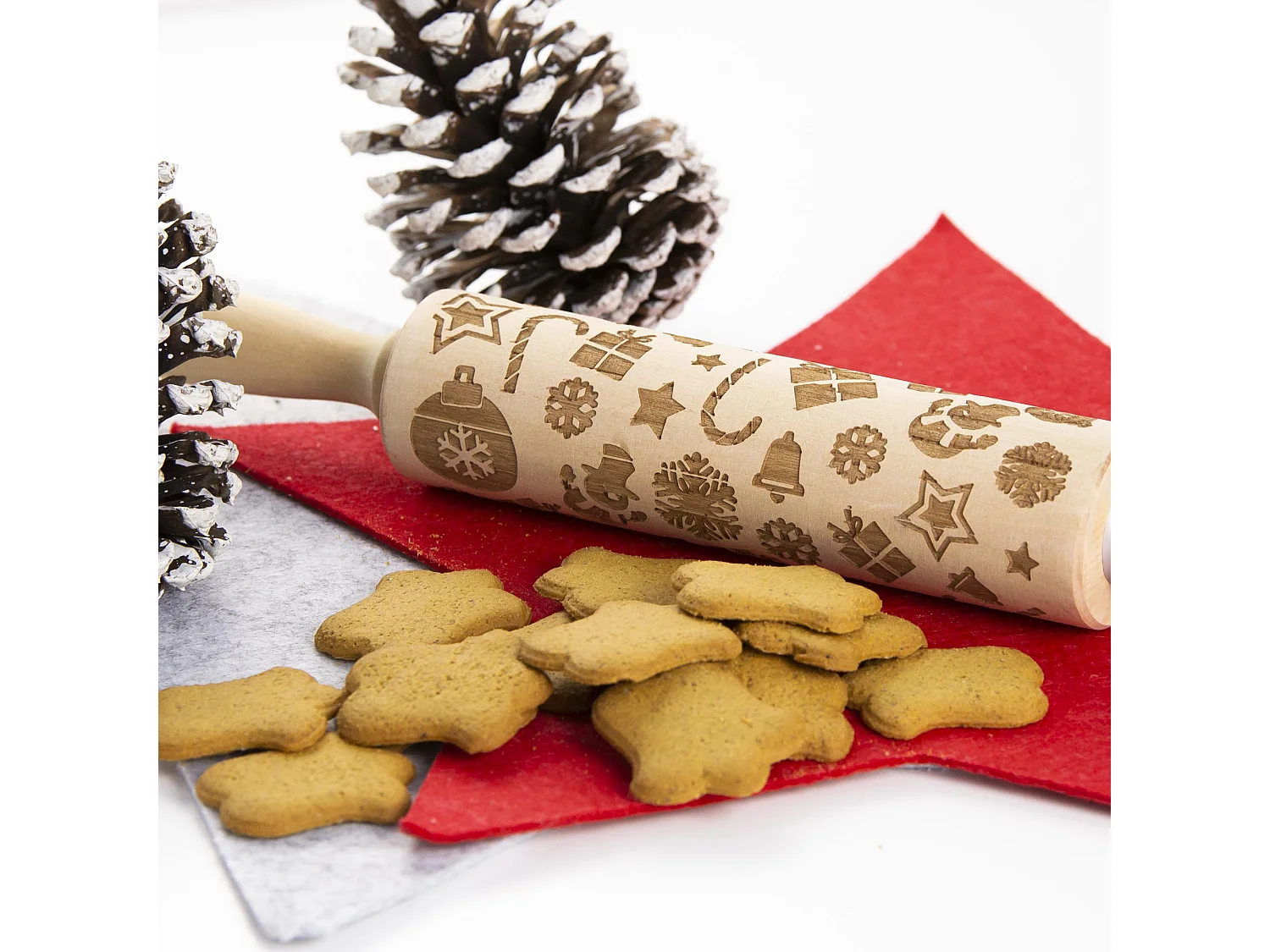 Decoratieve deegroller met kerstmotief, rubberhout, bruin, 36 cm