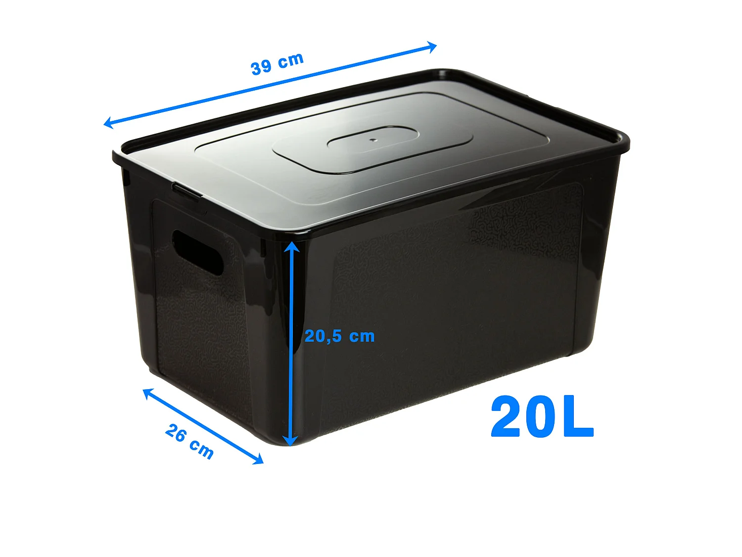 Boîte de rangement en plastique avec couvercle, motif décoratif, noire, 39x26x20.5 cm