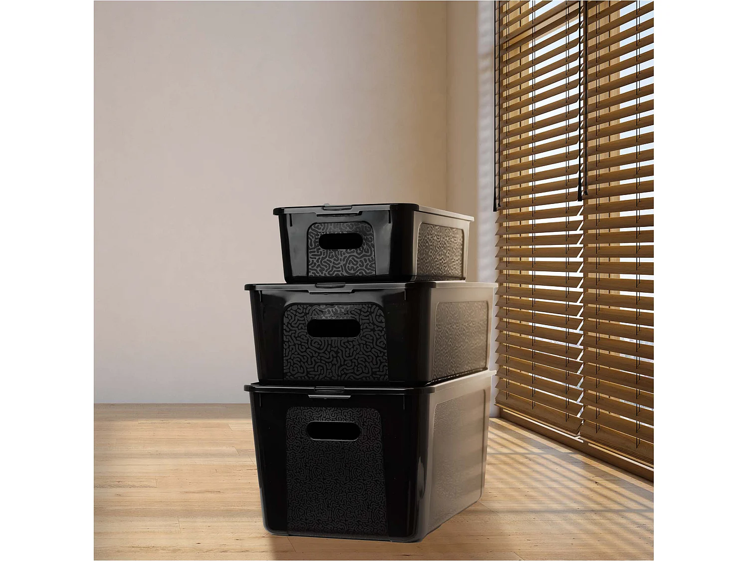 Boîte de rangement en plastique avec couvercle, motif décoratif, noire, 39x26x20.5 cm