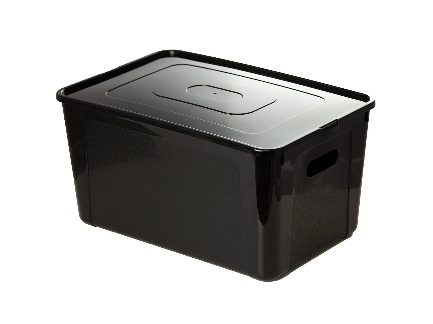 Boîte de rangement en plastique avec couvercle, motif décoratif, noire, 39x26x20.5 cm