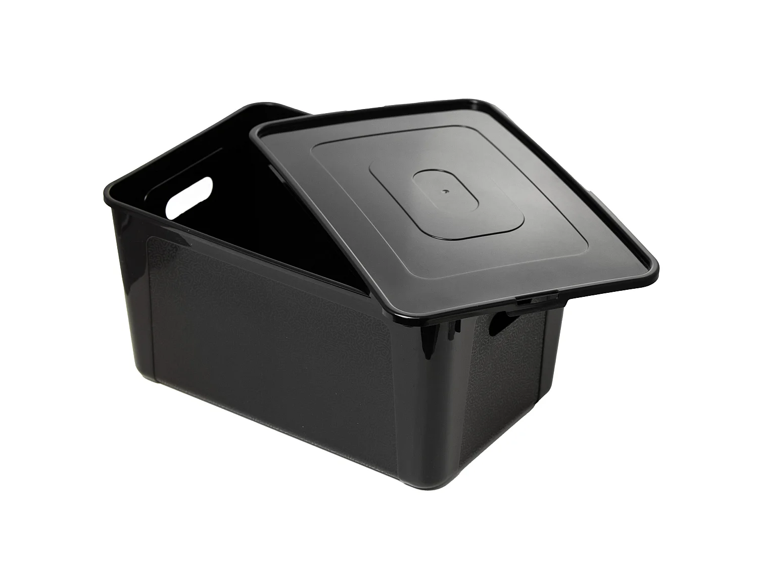 Boîte de rangement en plastique avec couvercle, motif décoratif, noire, 39x26x20.5 cm