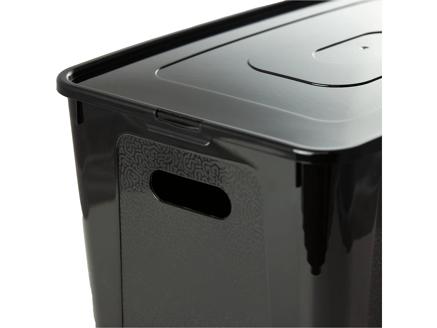Boîte de rangement en plastique avec couvercle, motif décoratif, noire, 39x26x20.5 cm