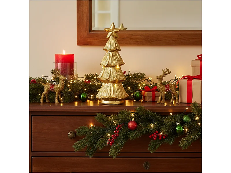 Figurine sapin de Noël LED décorative en polystone/polyéthylène métallique 6,7x6,5x15,5 cm