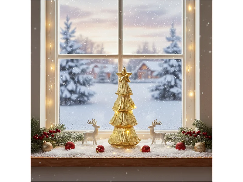 Figurine sapin de Noël LED décorative en polystone/polyéthylène métallique 6,7x6,5x15,5 cm