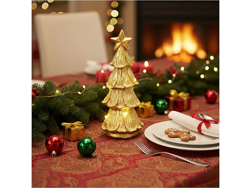 Figurine sapin de Noël LED décorative en polystone/polyéthylène métallique 6,7x6,5x15,5 cm