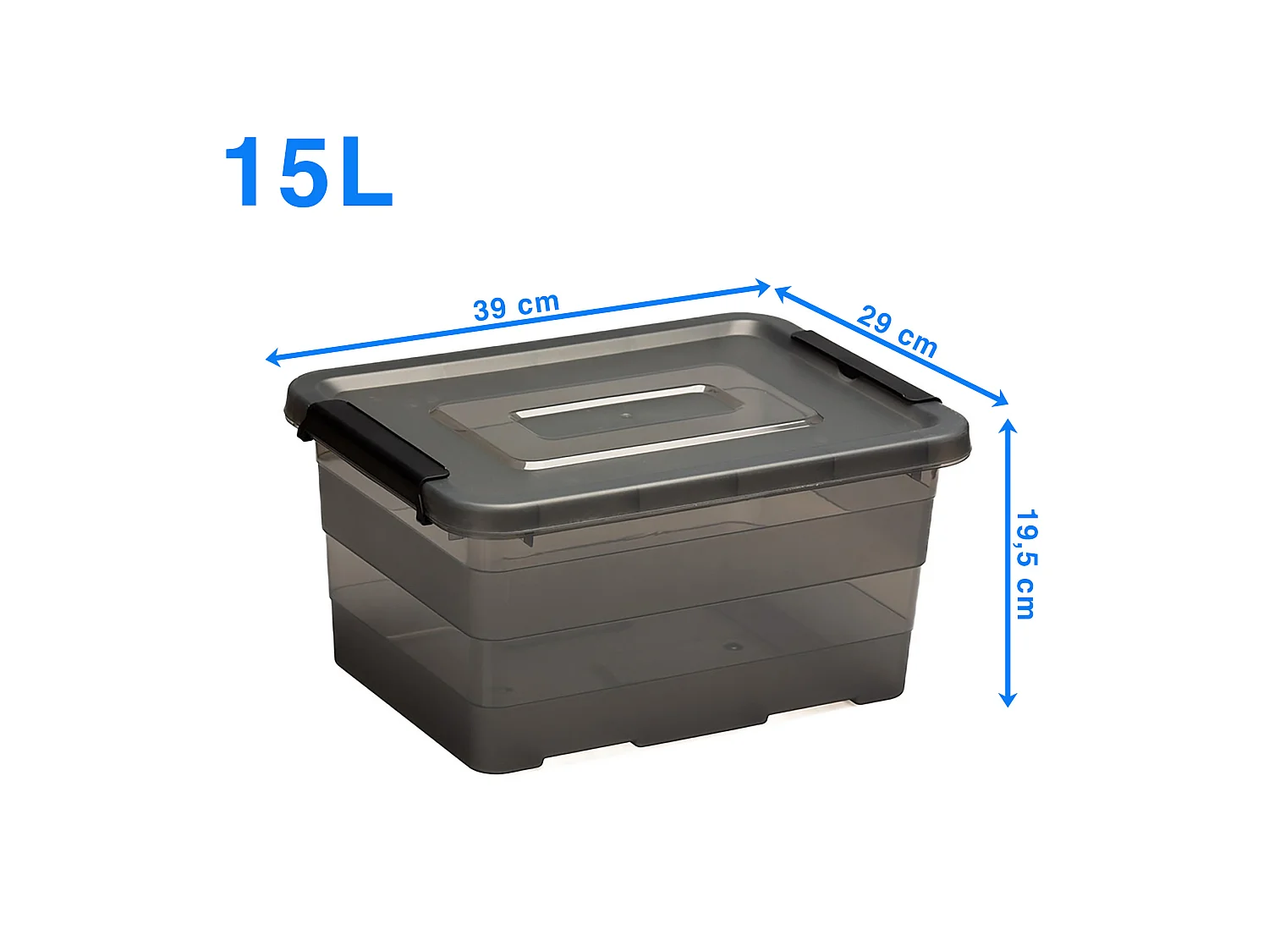 Boîte de rangement en plastique avec couvercle, clips latéraux, gris, 15 L, 39x29x19,5 cm