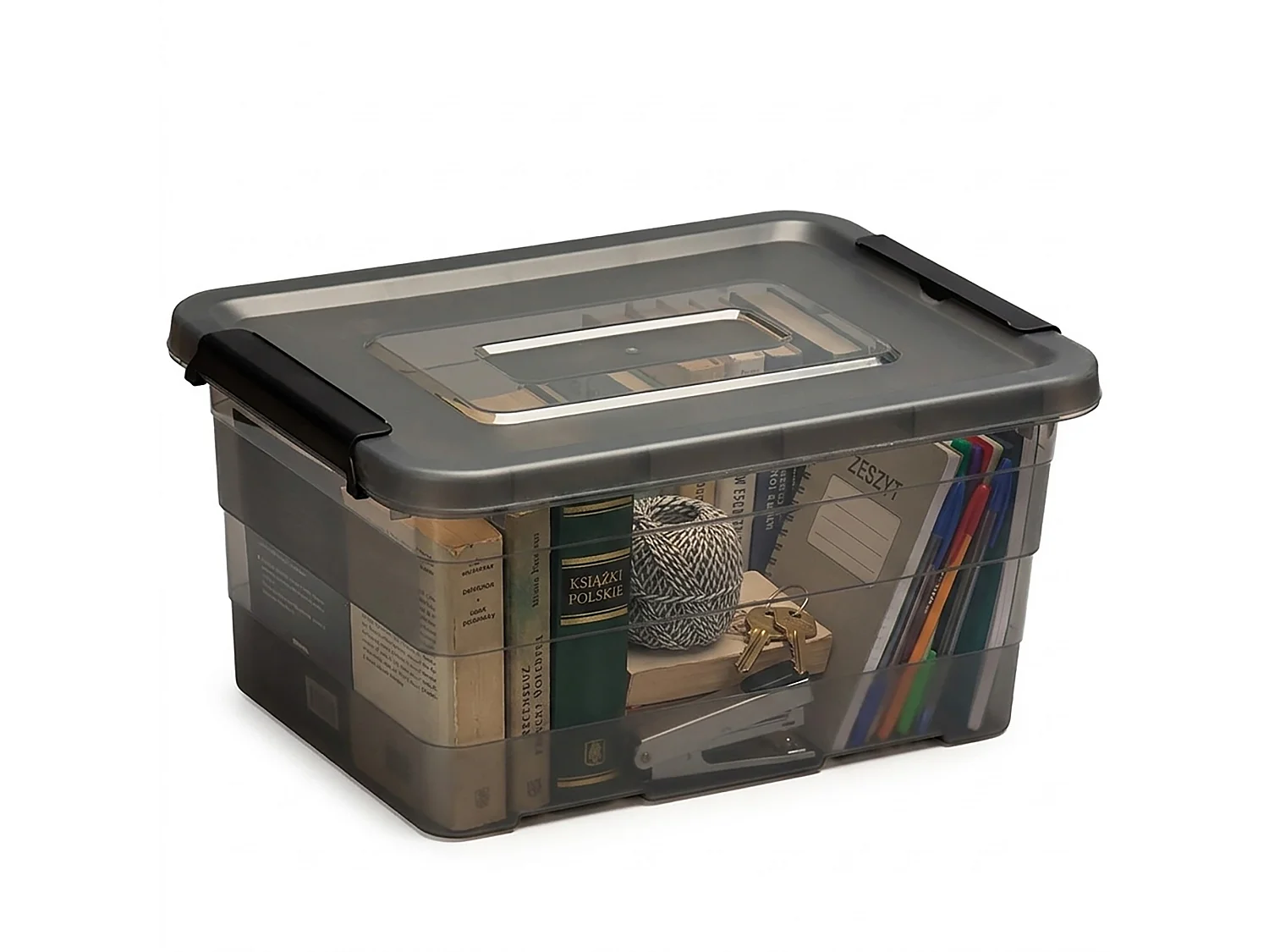 Boîte de rangement en plastique avec couvercle, clips latéraux, gris, 15 L, 39x29x19,5 cm