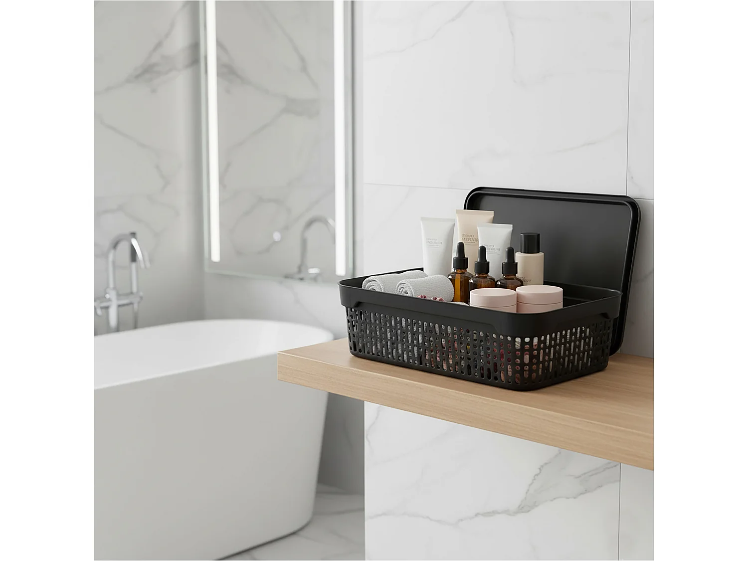 Panier ajouré en plastique avec couvercle pour cosmétiques noir 30x20x9 cm