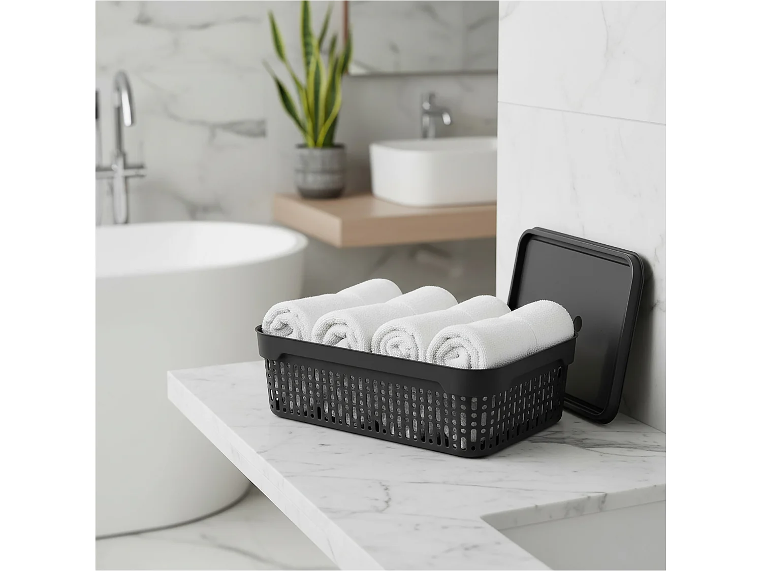 Panier ajouré en plastique avec couvercle pour cosmétiques noir 30x20x9 cm