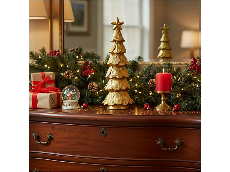 Sapin de Noël LED décoratif en polystone/polyéthylène doré 9,5x9,3x28,5 cm