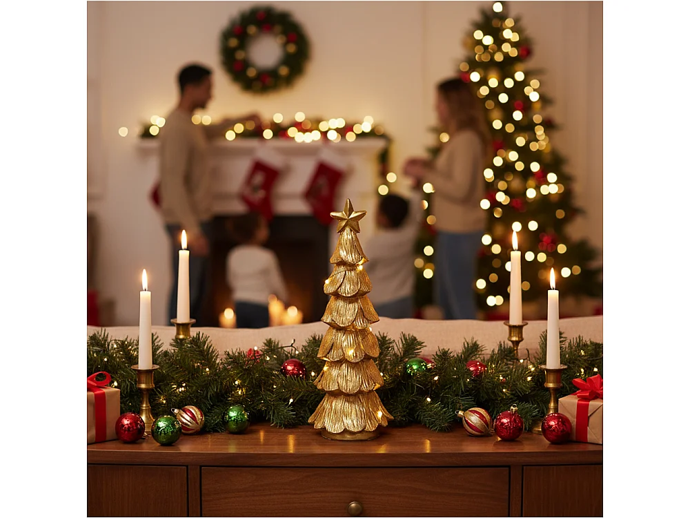 Sapin de Noël LED décoratif en polystone/polyéthylène doré 9,5x9,3x28,5 cm
