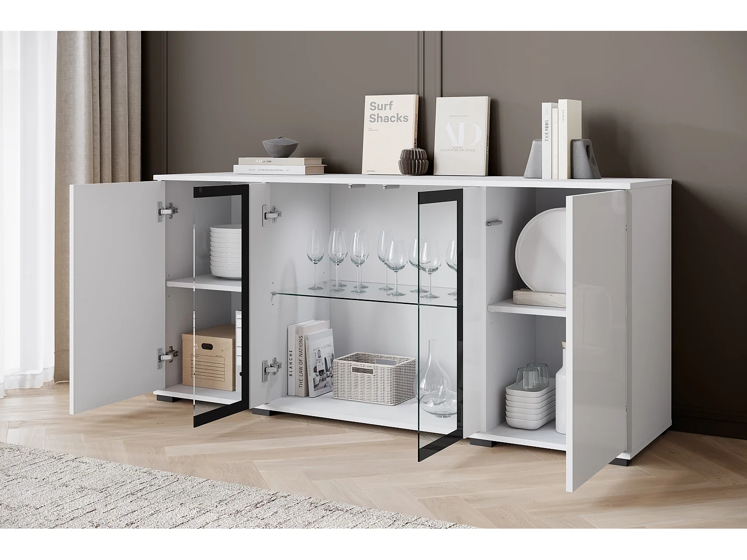 FARO-Kommode, Sideboardbreite 150 cm, mit LED, Farbe: Weiß
