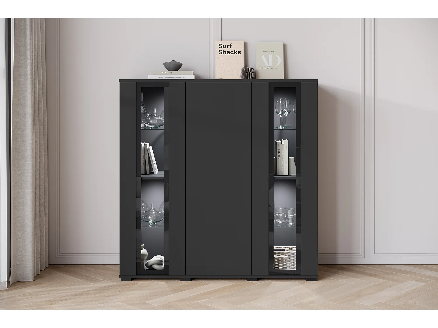 FARO ladekast, dressoirbreedte 120 cm, met LED, kleur: zwart