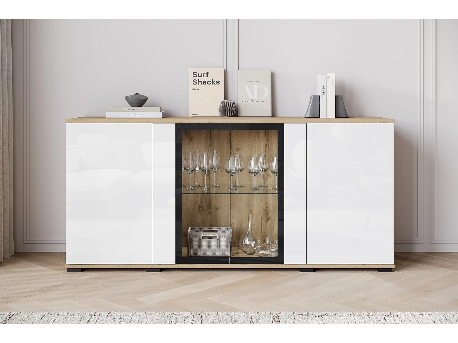 FARO ladekast, dressoir breedte 150 cm, met LED, kleur: Wotan eiken / wit