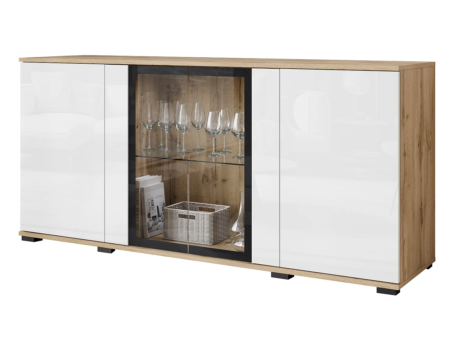 FARO ladekast, dressoir breedte 150 cm, met LED, kleur: Wotan eiken / wit