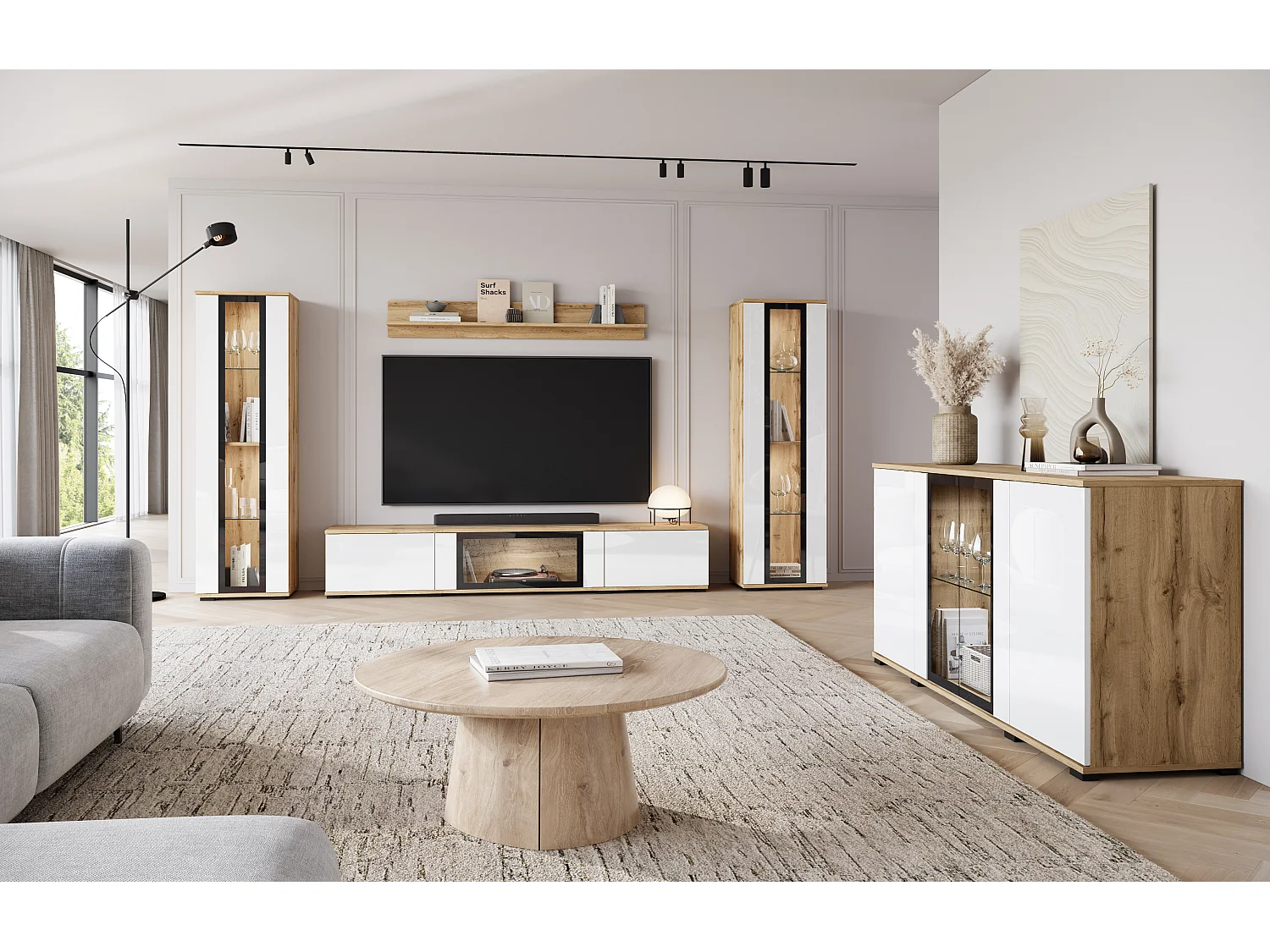 FARO ladekast, dressoir breedte 150 cm, met LED, kleur: Wotan eiken / wit