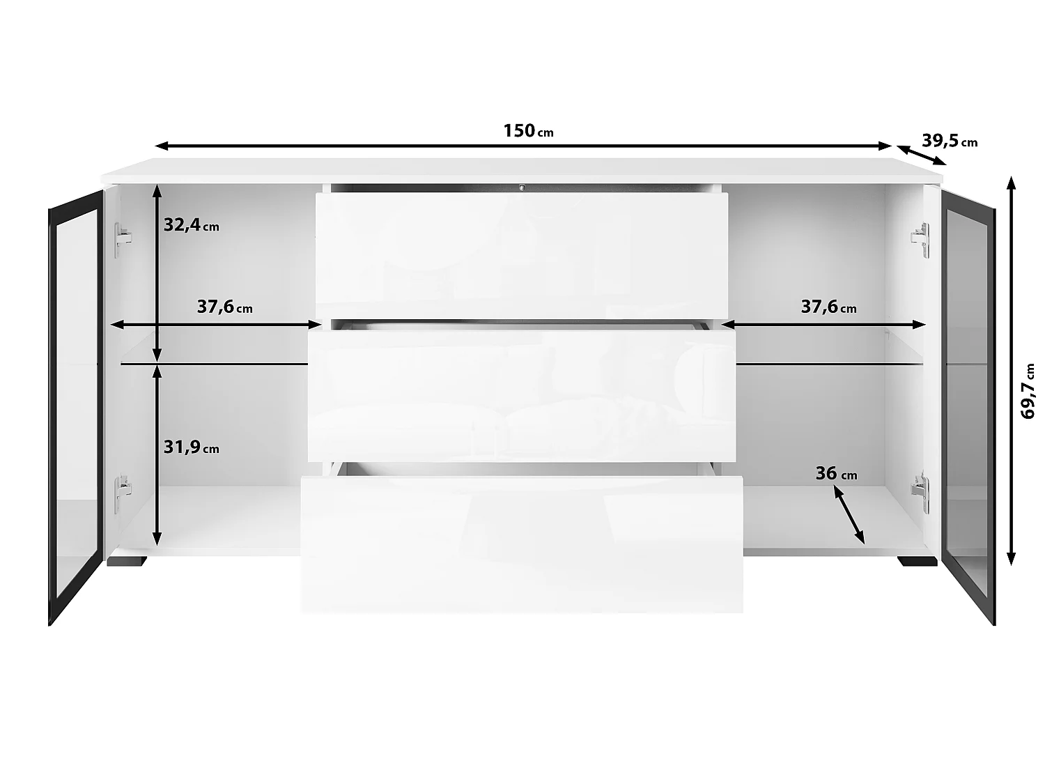 FARO-Kommode, Sideboardbreite 150 cm, Farbe: Schwarz