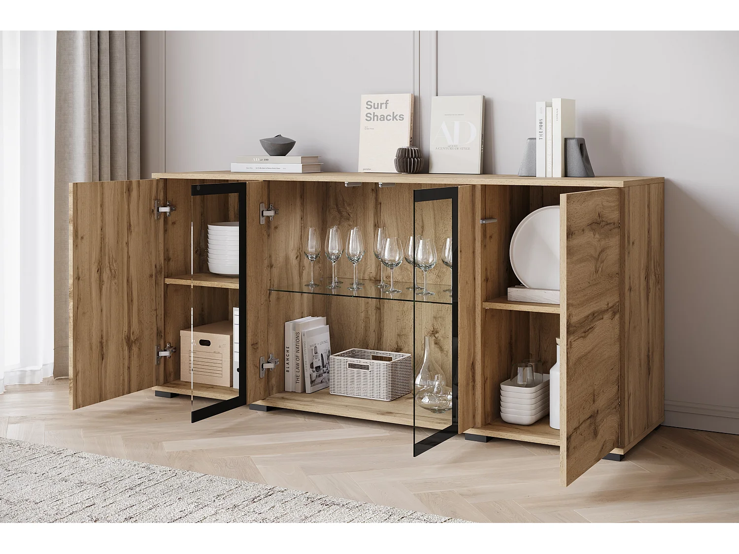 FARO-Kommode, Sideboardbreite 150 cm, mit LED, Farbe: Wotan-Eiche
