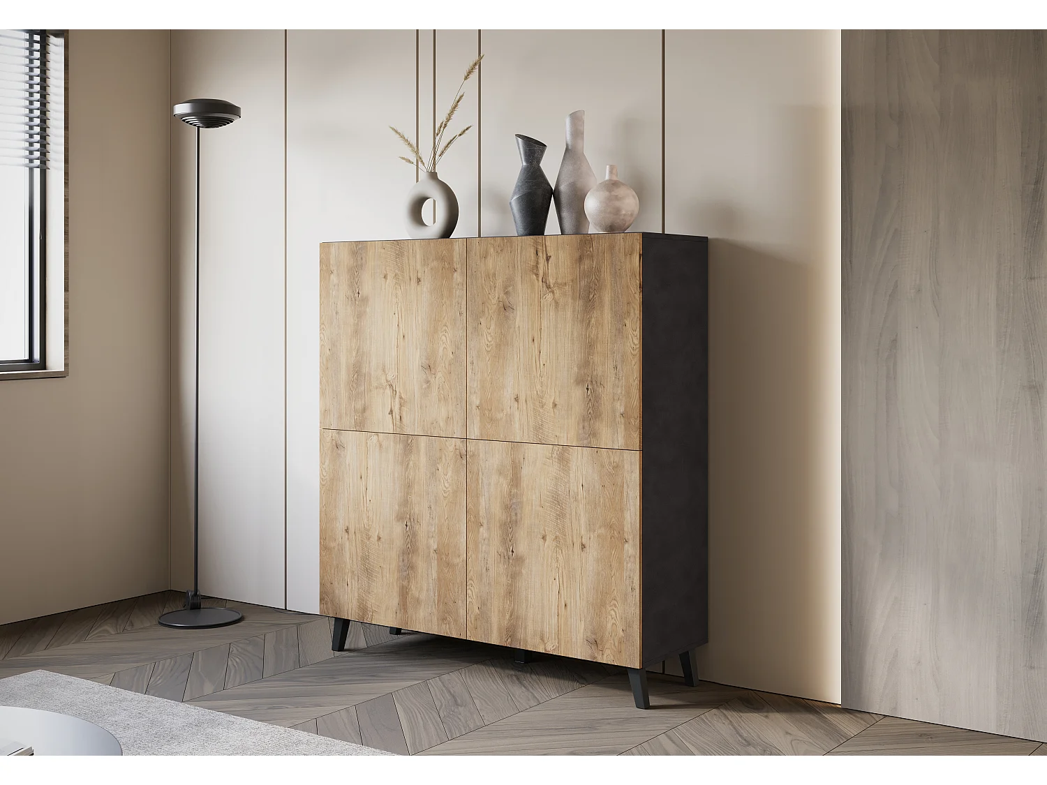 LOKET hoge ladekast, dressoir breedte 120 cm, Kleur: Matera grafiet / kastanjehout