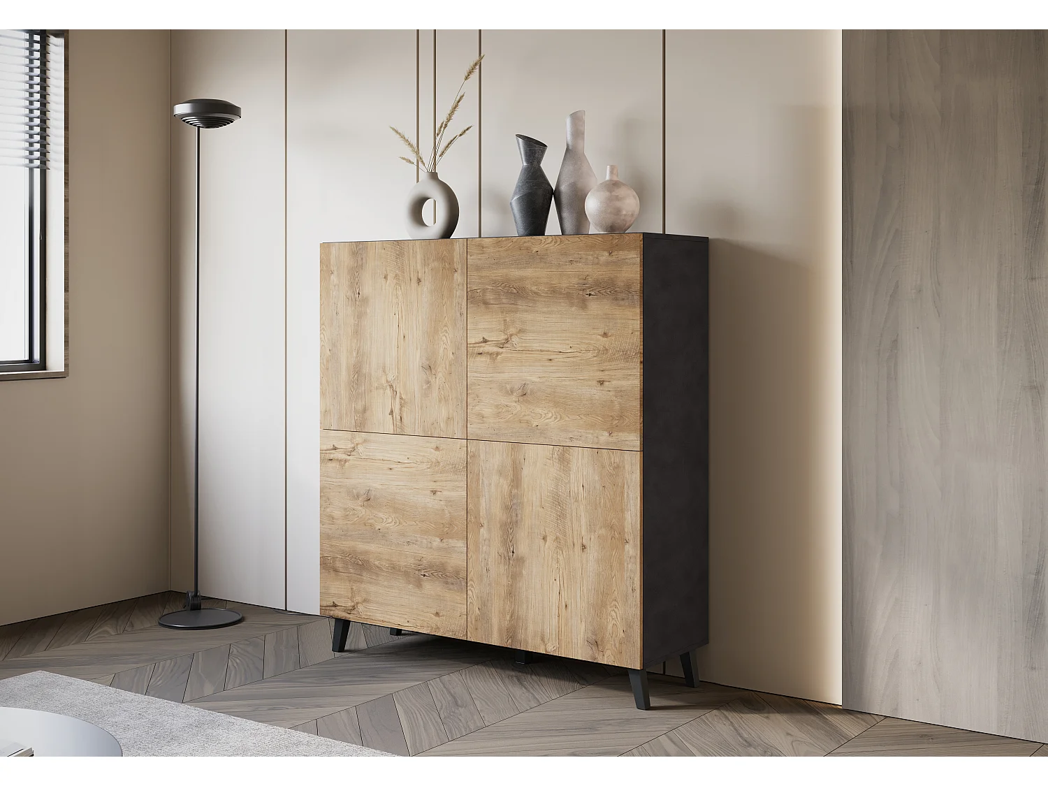 LOKET hoge ladekast, dressoir breedte 120 cm, Kleur: Matera grafiet / kastanjehout