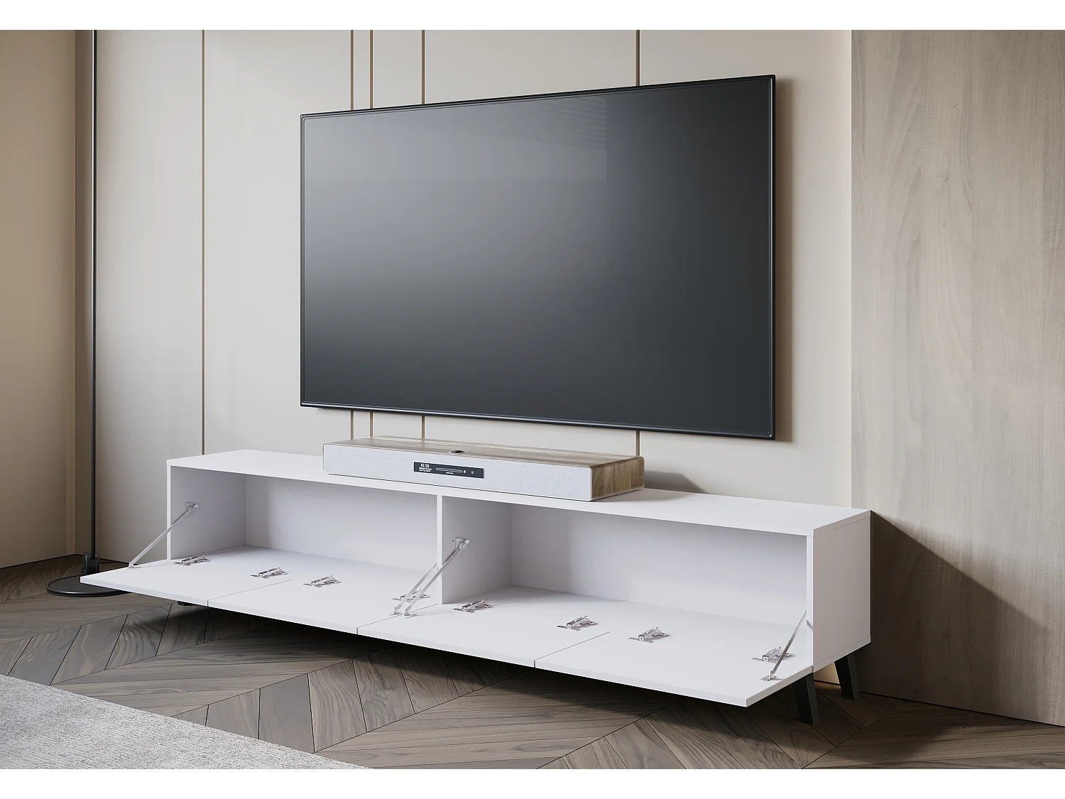 Meuble TV LOKET 190 cm, Élégant buffet avec grand espace de rangement et pieds hauts, Couleur blanc