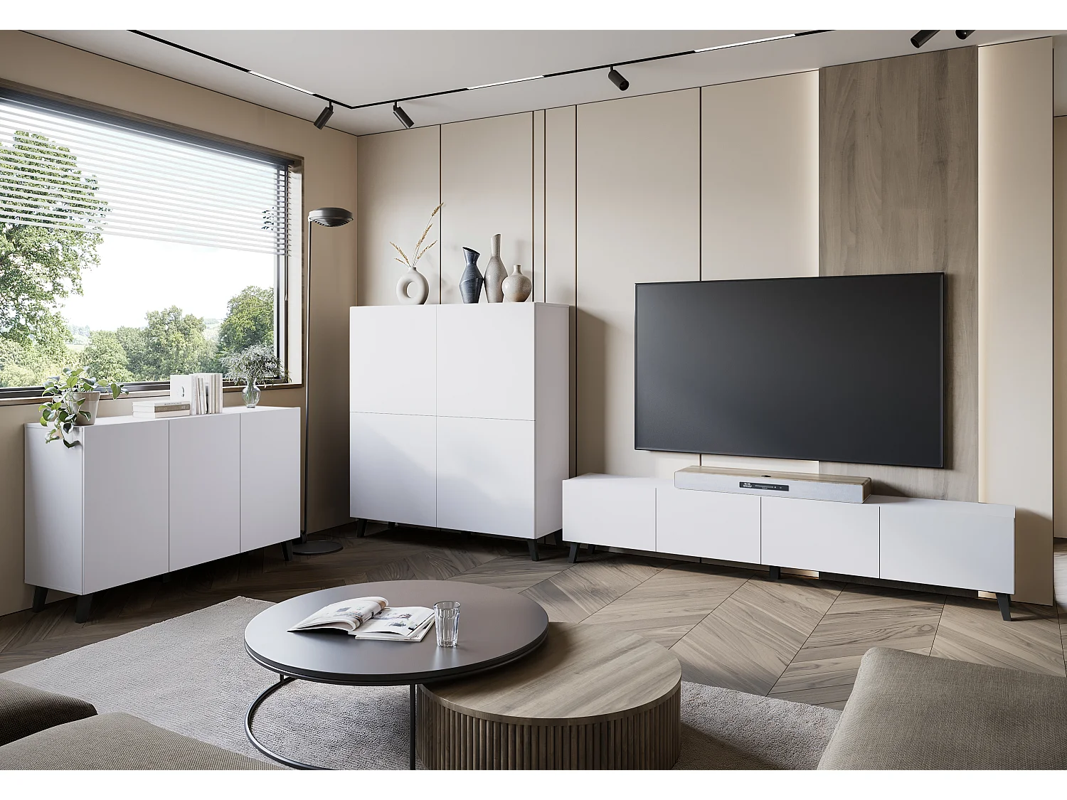 Meuble TV LOKET 190 cm, Élégant buffet avec grand espace de rangement et pieds hauts, Couleur blanc